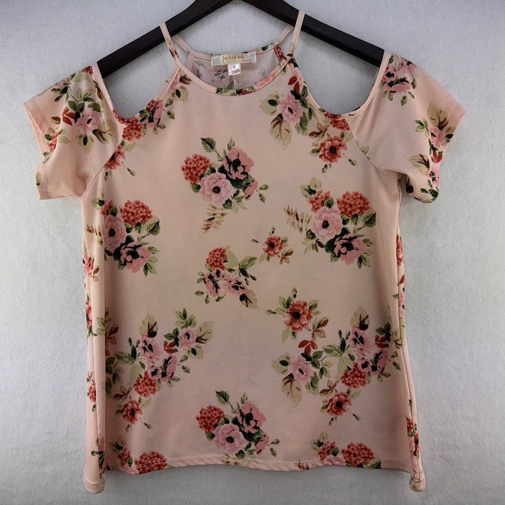 La Vie 89 Halter Top Sz S Peach Floral Cold Shoulder